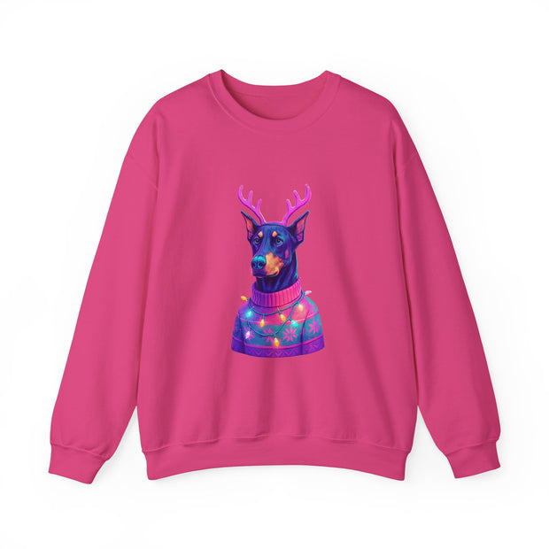 Vibrant Doberman Antlers Sweatshirt, Quirky Animal Crewneck, Cozy Holiday Gift, Fun Winter Apparel, Casual Style Top