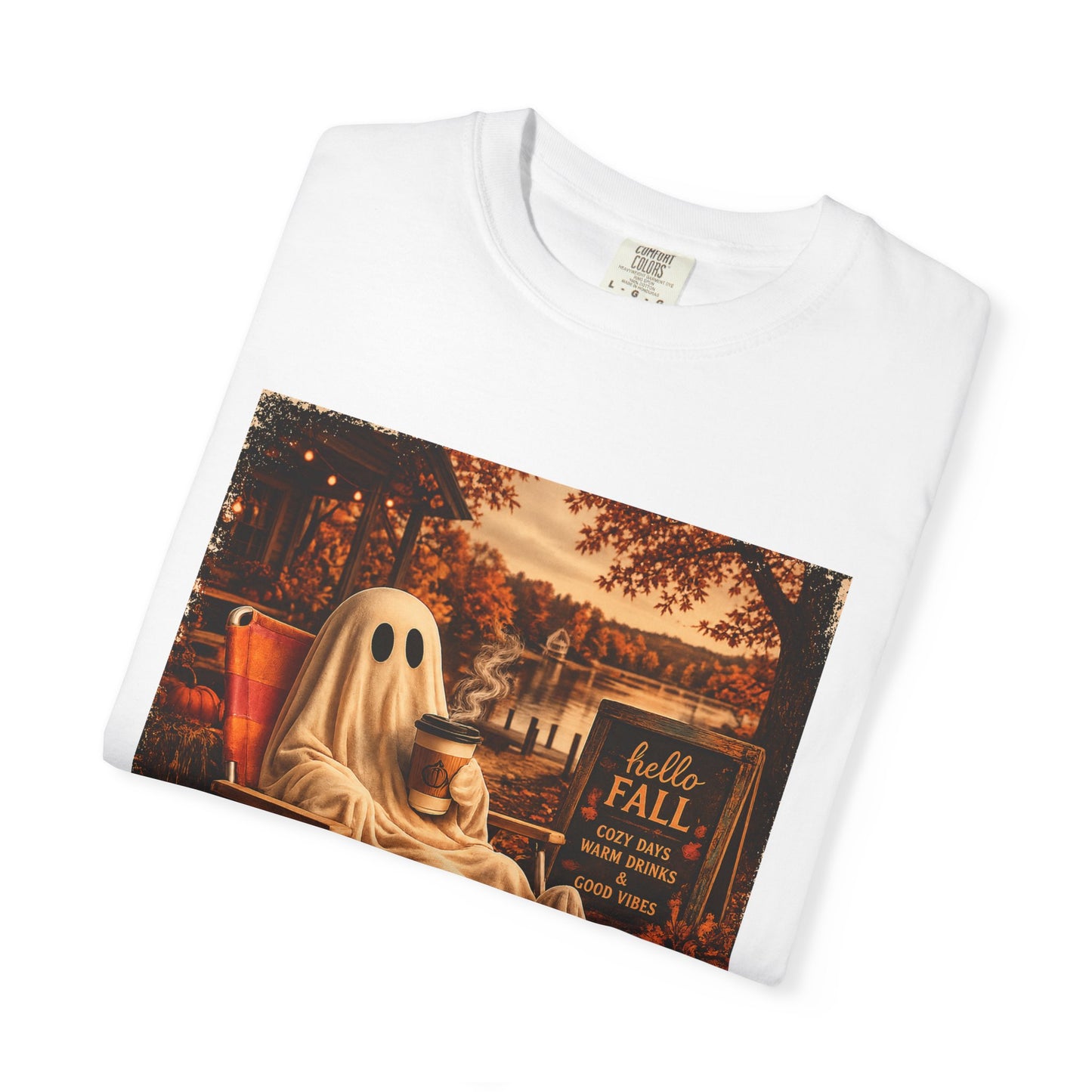 Cozy Ghost in Chair Fall T-shirt | Autumn Leaves, Retro Halloween Scene, Summerween