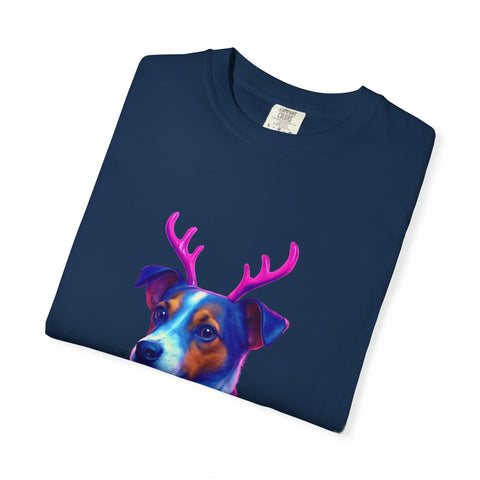 Jack Russell in Reindeer Sweater T-shirt | Neon Holiday Dog Design