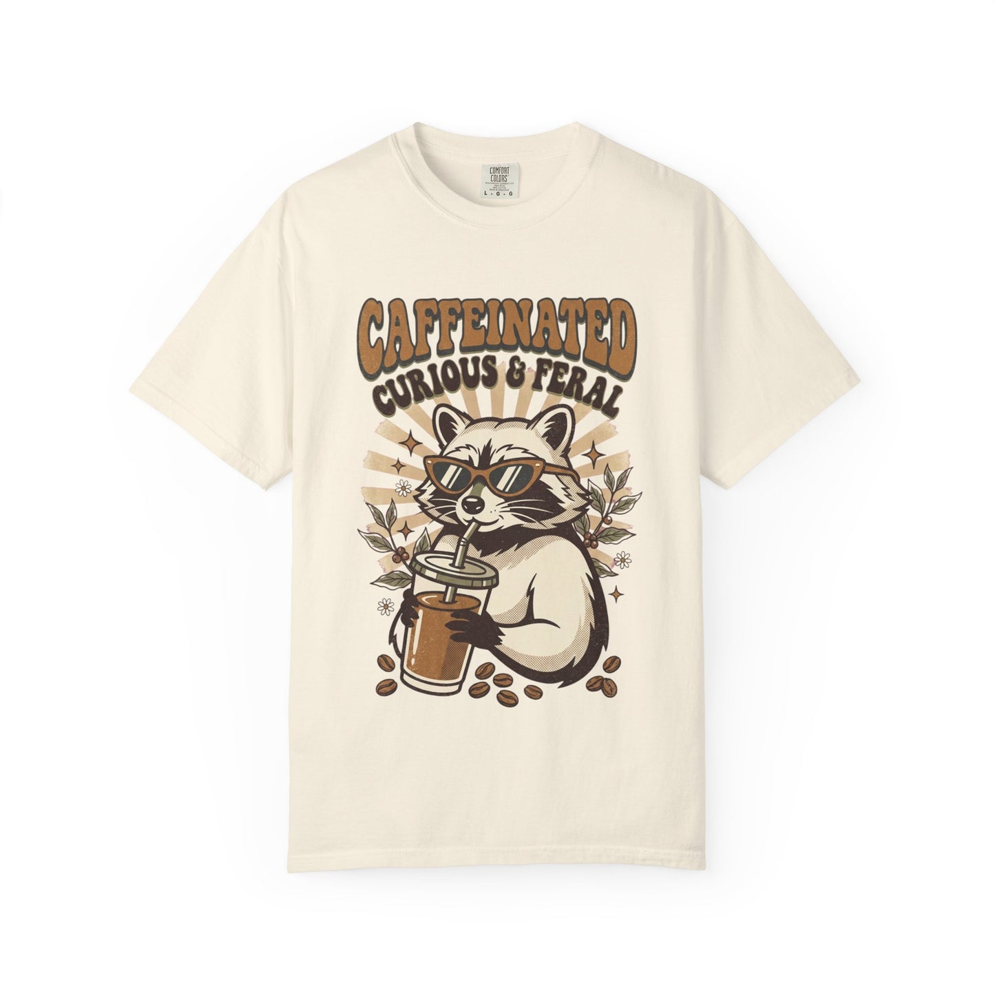 Caffeinated Curious & Feral Raccoon T-Shirt, Funny Coffee Lover Raccoon Tee, Goblincore Animal Shirt, Nature Lover Gift