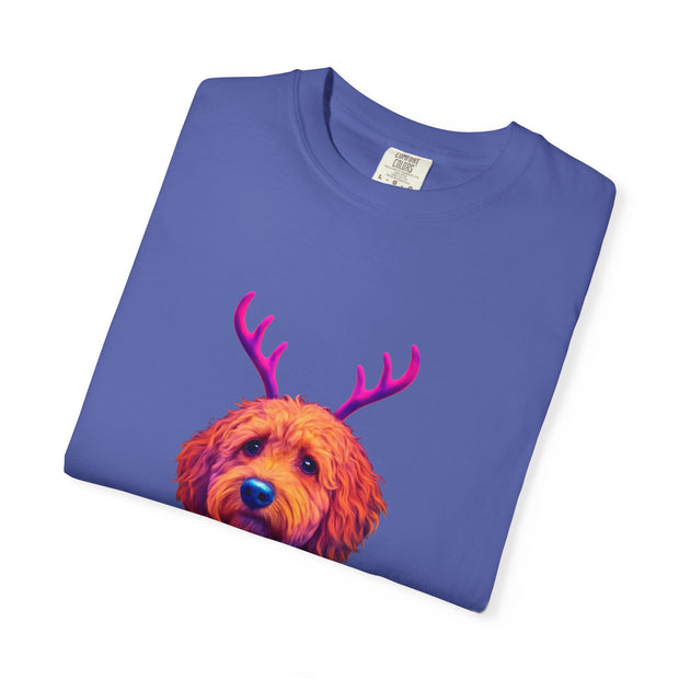 Golden Doodle in Reindeer Antler Sweater T-Shirt | Holiday Dog Portrait
