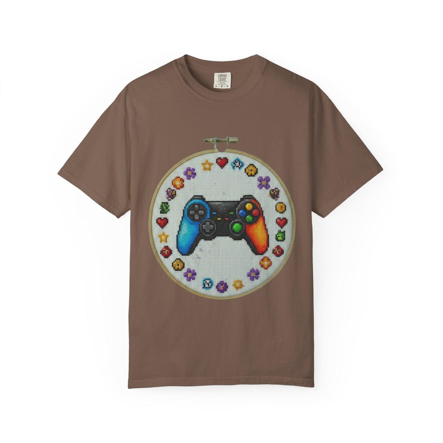 Rainbow Game Controller embroidery hoop T-Shirt | Gamer cross stitch design