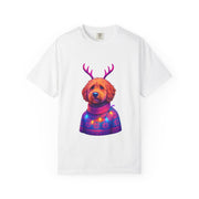 Golden Doodle in Reindeer Antler Sweater T-Shirt | Holiday Dog Portrait