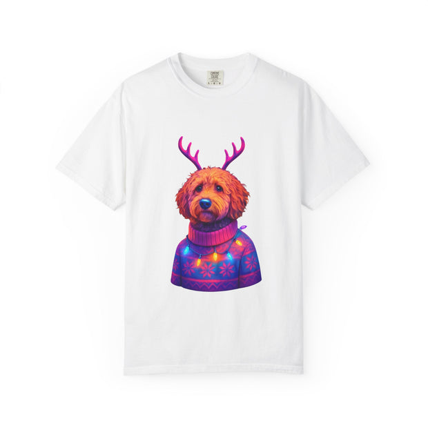 Golden Doodle in Reindeer Antler Sweater T-Shirt | Holiday Dog Portrait
