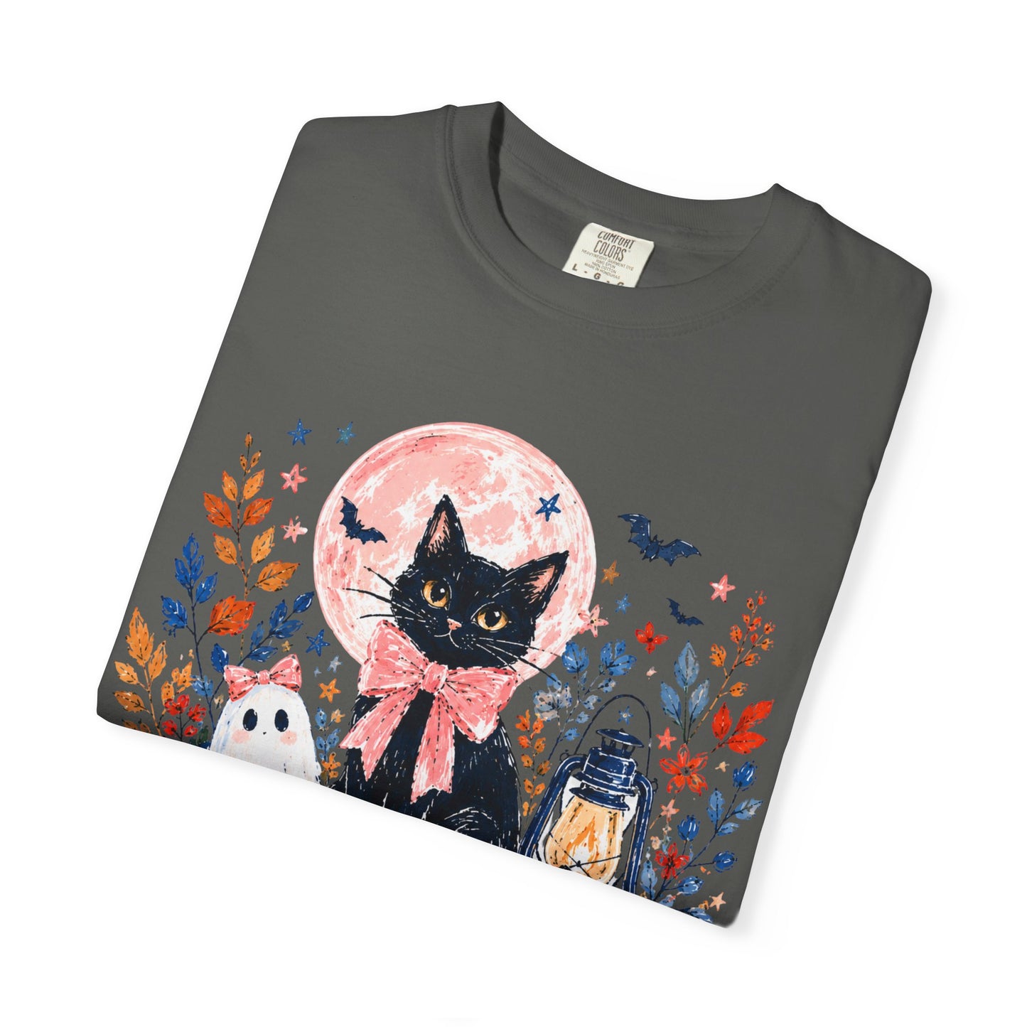Black Cat with Pumpkins T-shirt | Halloween Moon Lantern Floral Design