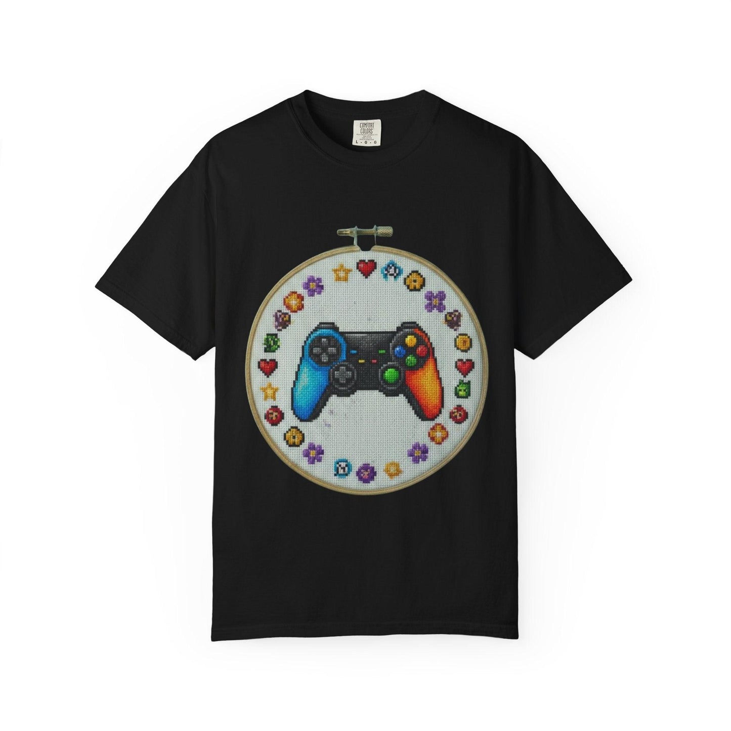 Rainbow Game Controller embroidery hoop T-Shirt | Gamer cross stitch design
