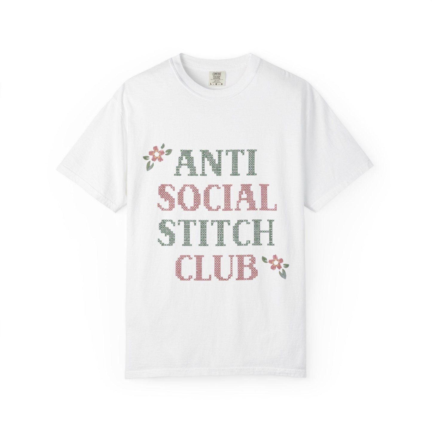 Anti Social Stitch Club T-shirt | Cross Stitch Floral Text Design