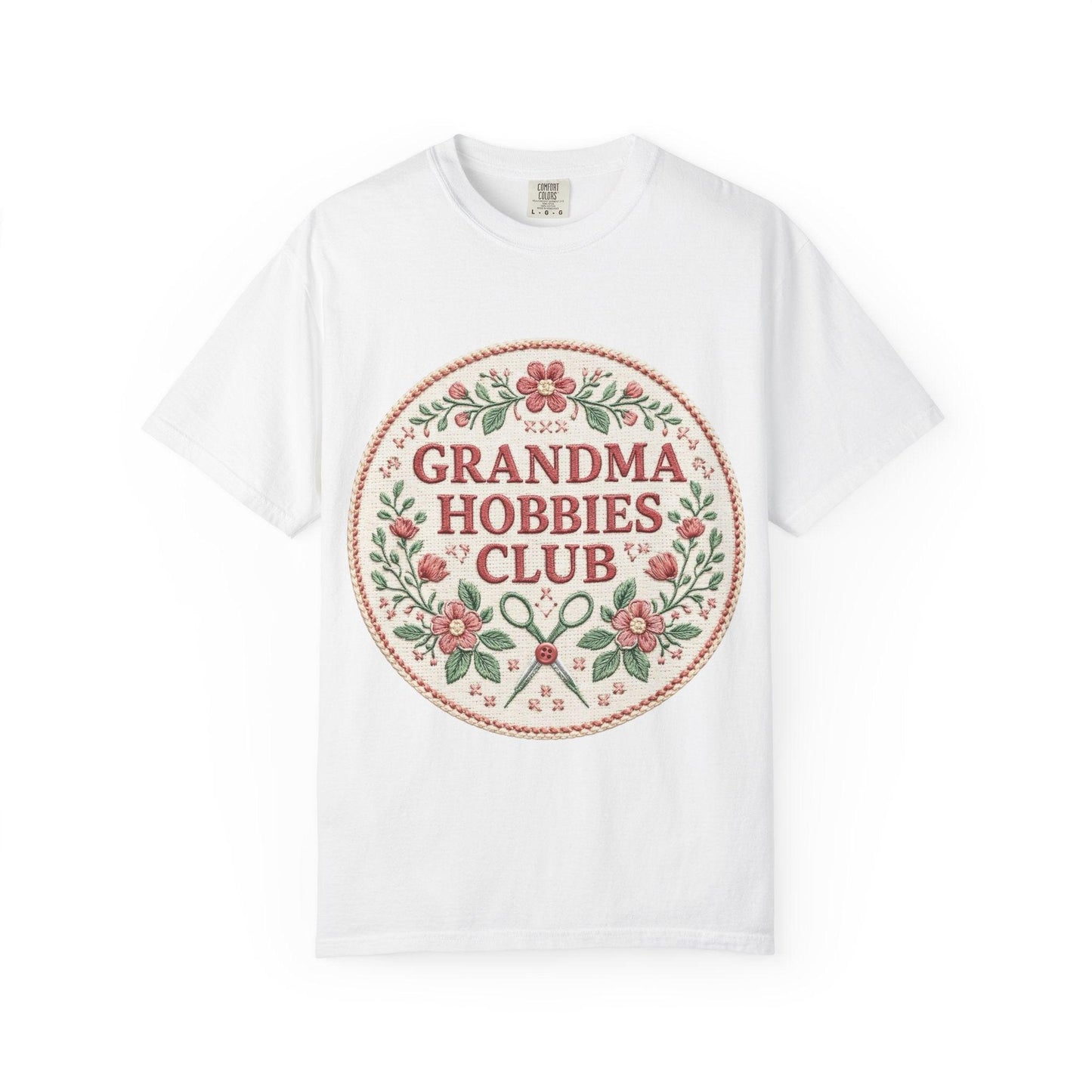 Grandma Hobbies Club T-shirt | Floral Needlework Scissors Embroidery Design