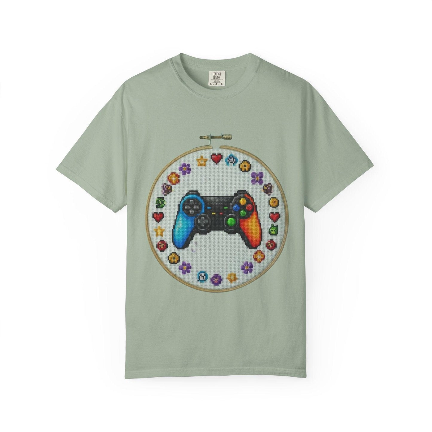 Rainbow Game Controller embroidery hoop T-Shirt | Gamer cross stitch design