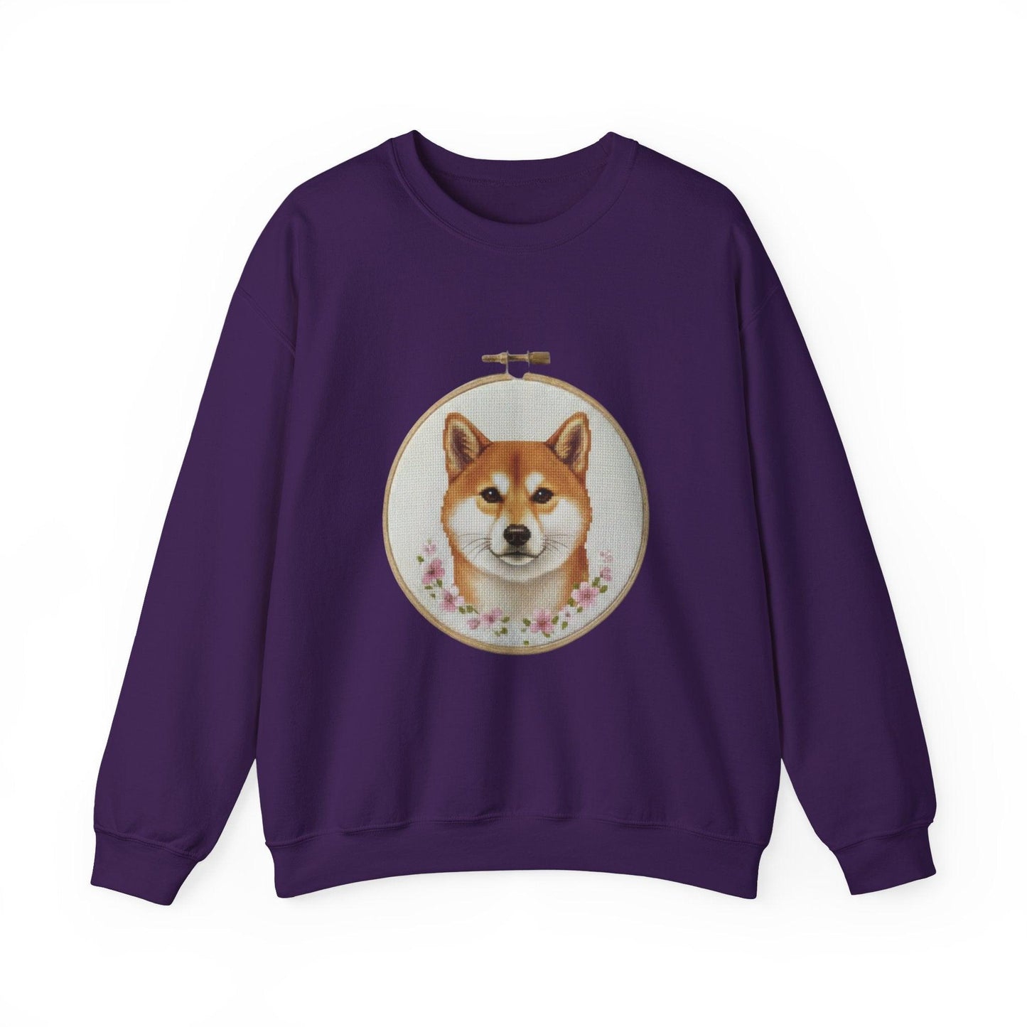 Shiba Inu Portrait Crewneck Sweatshirt | Embroidery Hoop Floral Frame