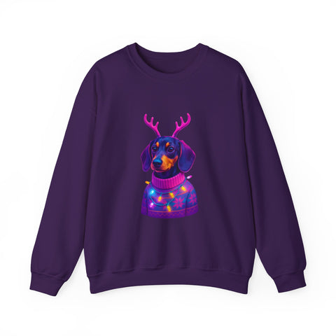 Dachshund Reindeer Sweater Crewneck Sweatshirt | Neon Holiday Dog Art