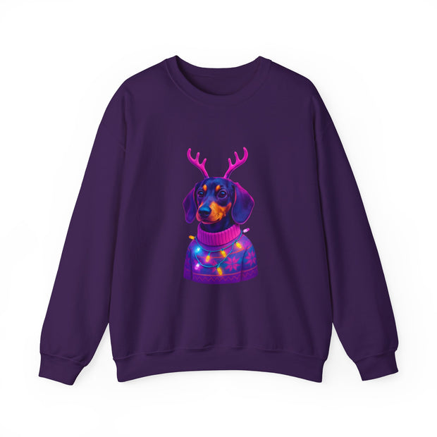 Dachshund Reindeer Sweater Crewneck Sweatshirt | Neon Holiday Dog Art