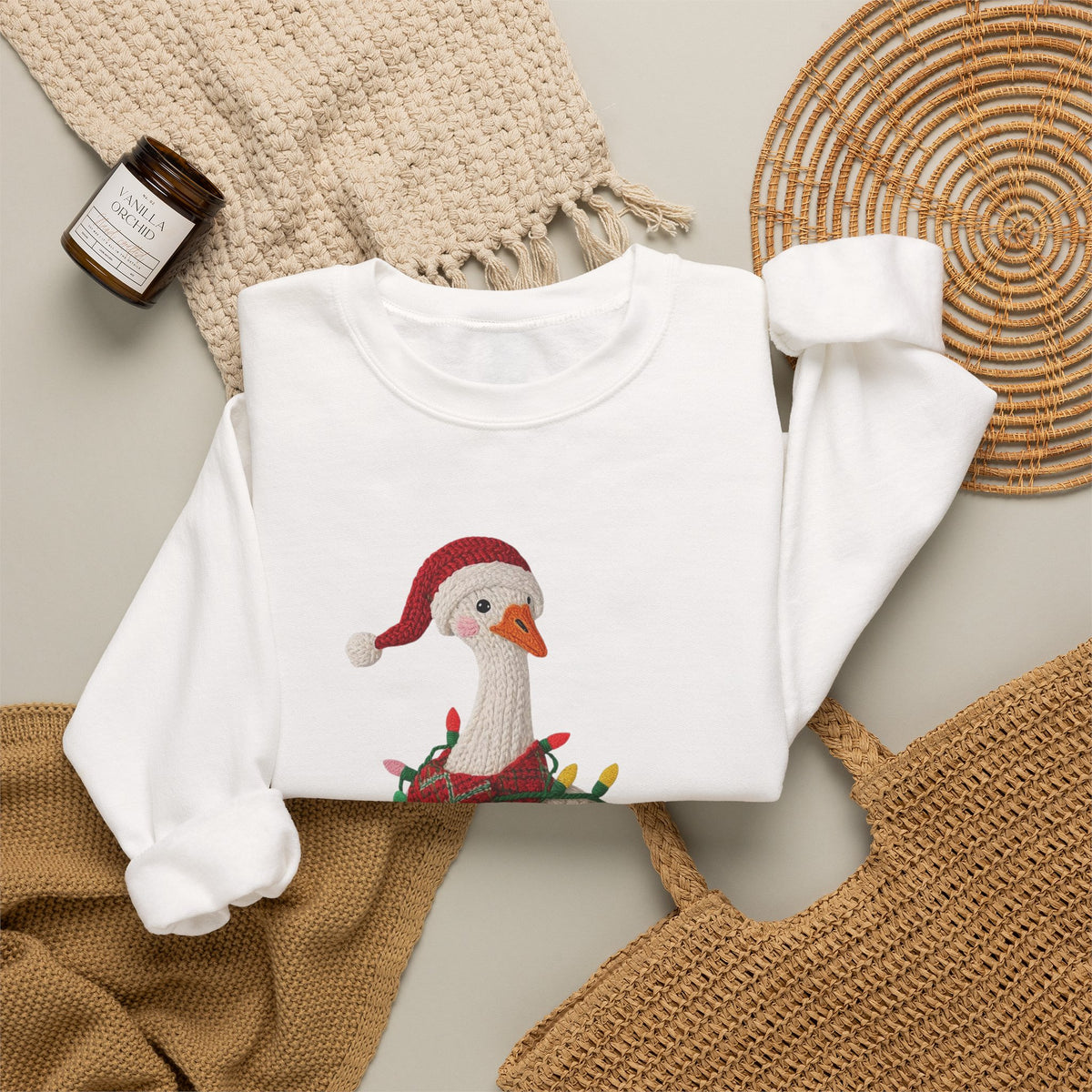Christmas Goose Wearing Santa Hat Crewneck Sweatshirt | Holiday Duck in Lights