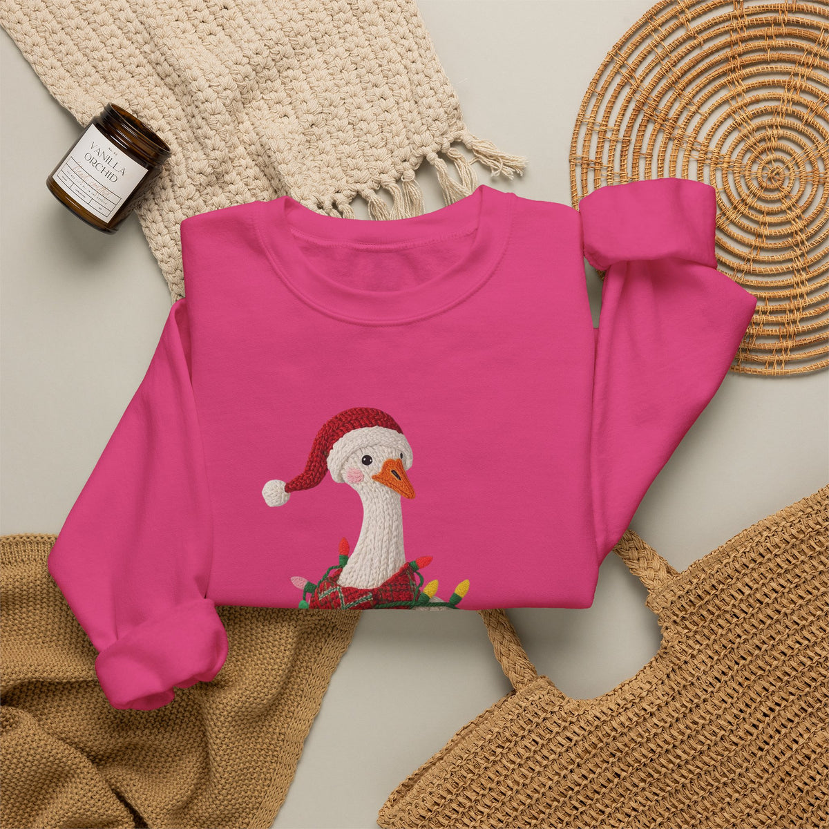 Christmas Goose Wearing Santa Hat Crewneck Sweatshirt | Holiday Duck in Lights