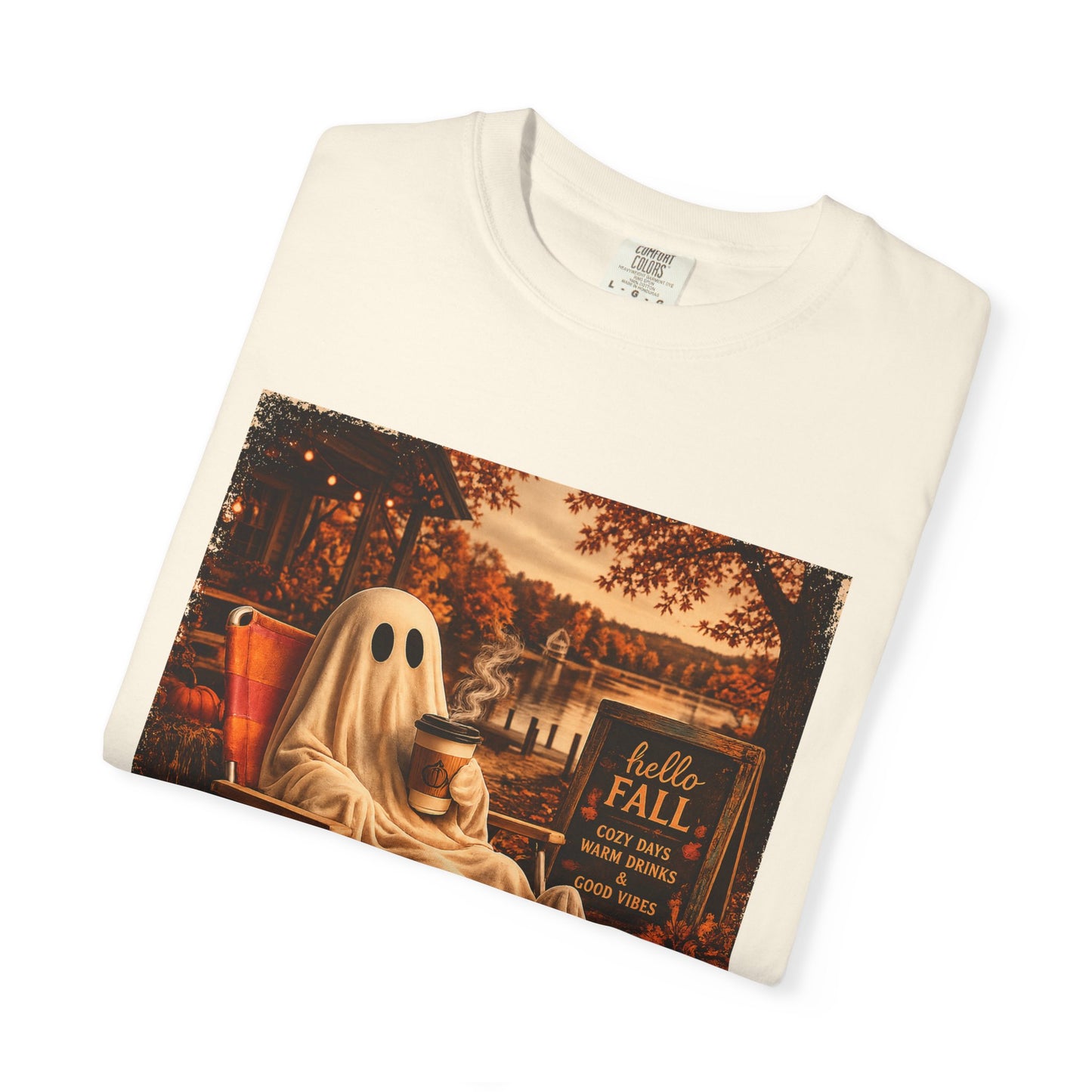 Cozy Ghost in Chair Fall T-shirt | Autumn Leaves, Retro Halloween Scene, Summerween