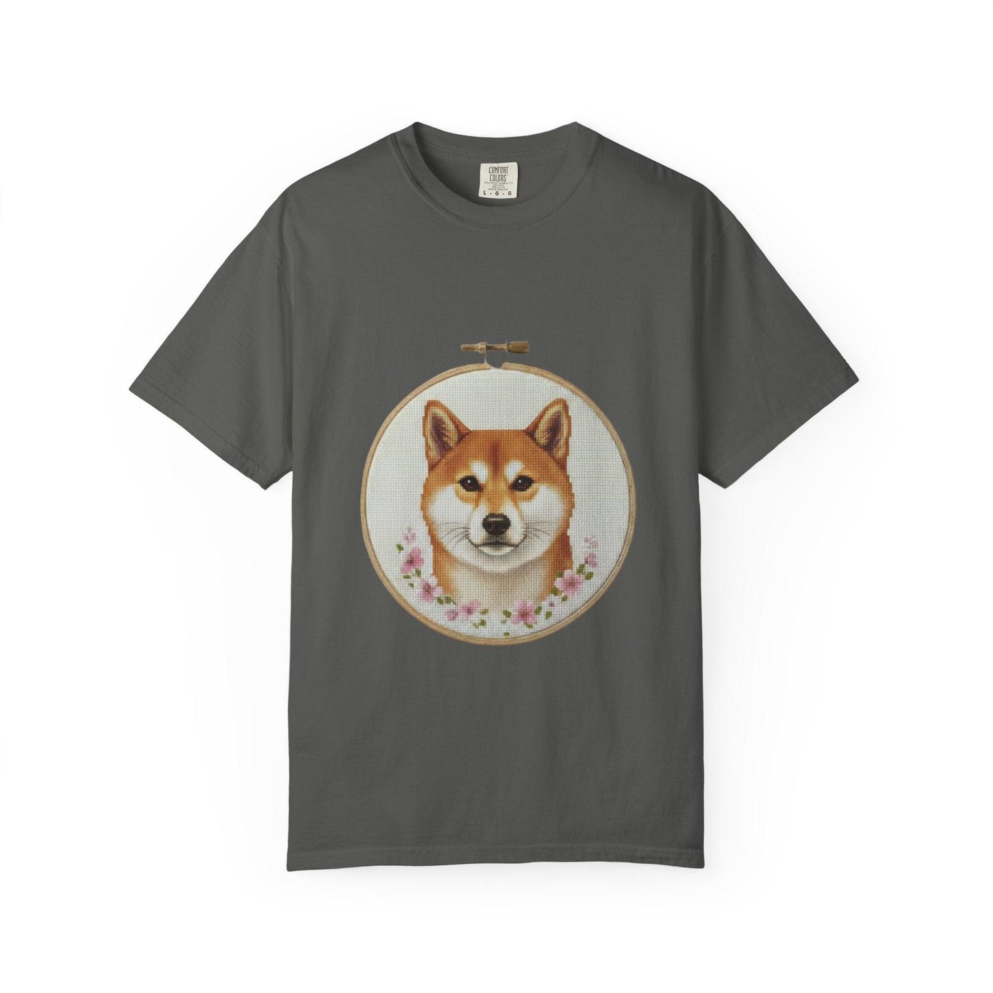 Shiba Inu Embroidery Hoop T-shirt | Dog Portrait Floral