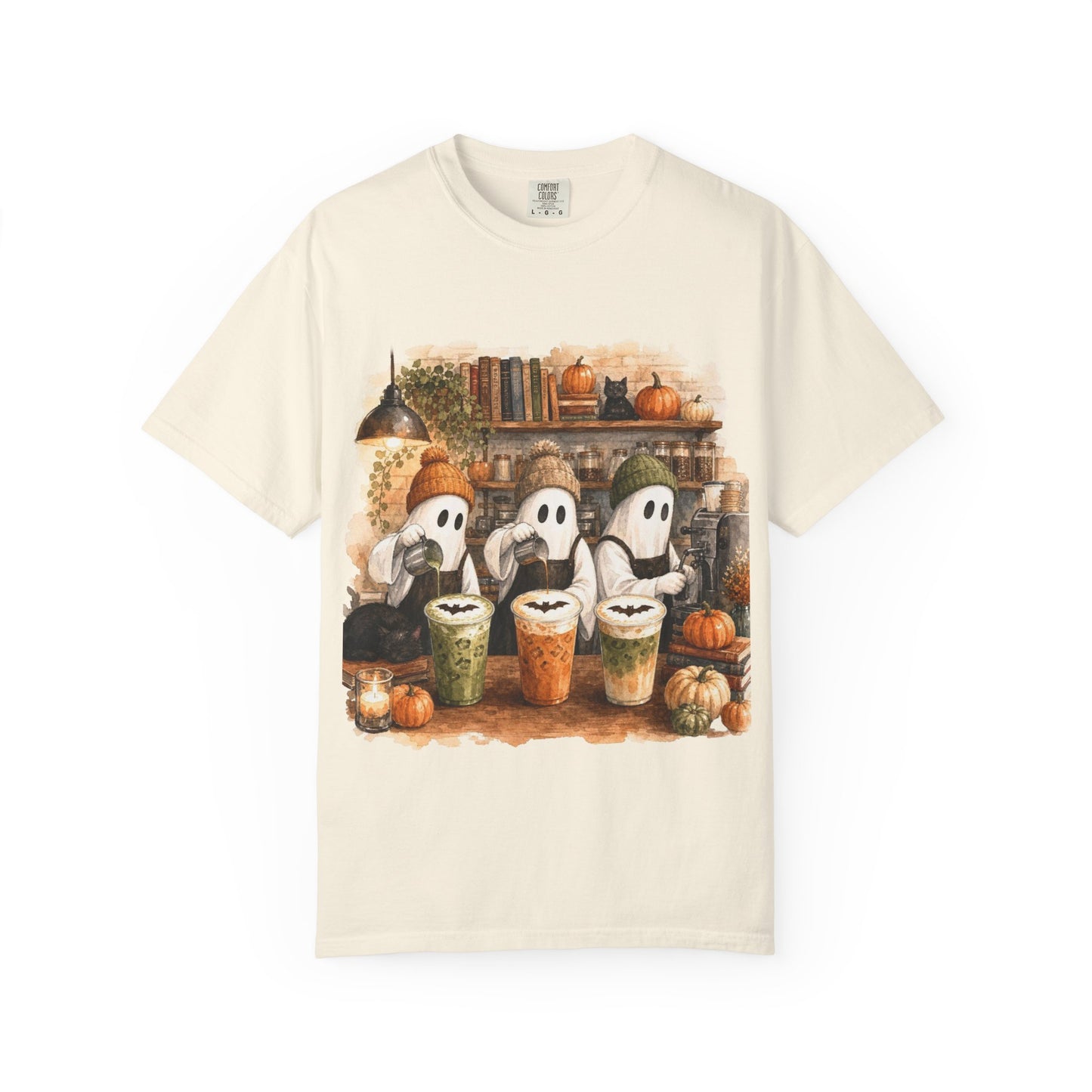 Ghost Trio with Pumpkin Lattes T-Shirt, Cute Halloween Coffee Shirt, Cozy Fall Ghost Tee, Pumpkin Spice Graphic, Autumn Coffee Lover Gift