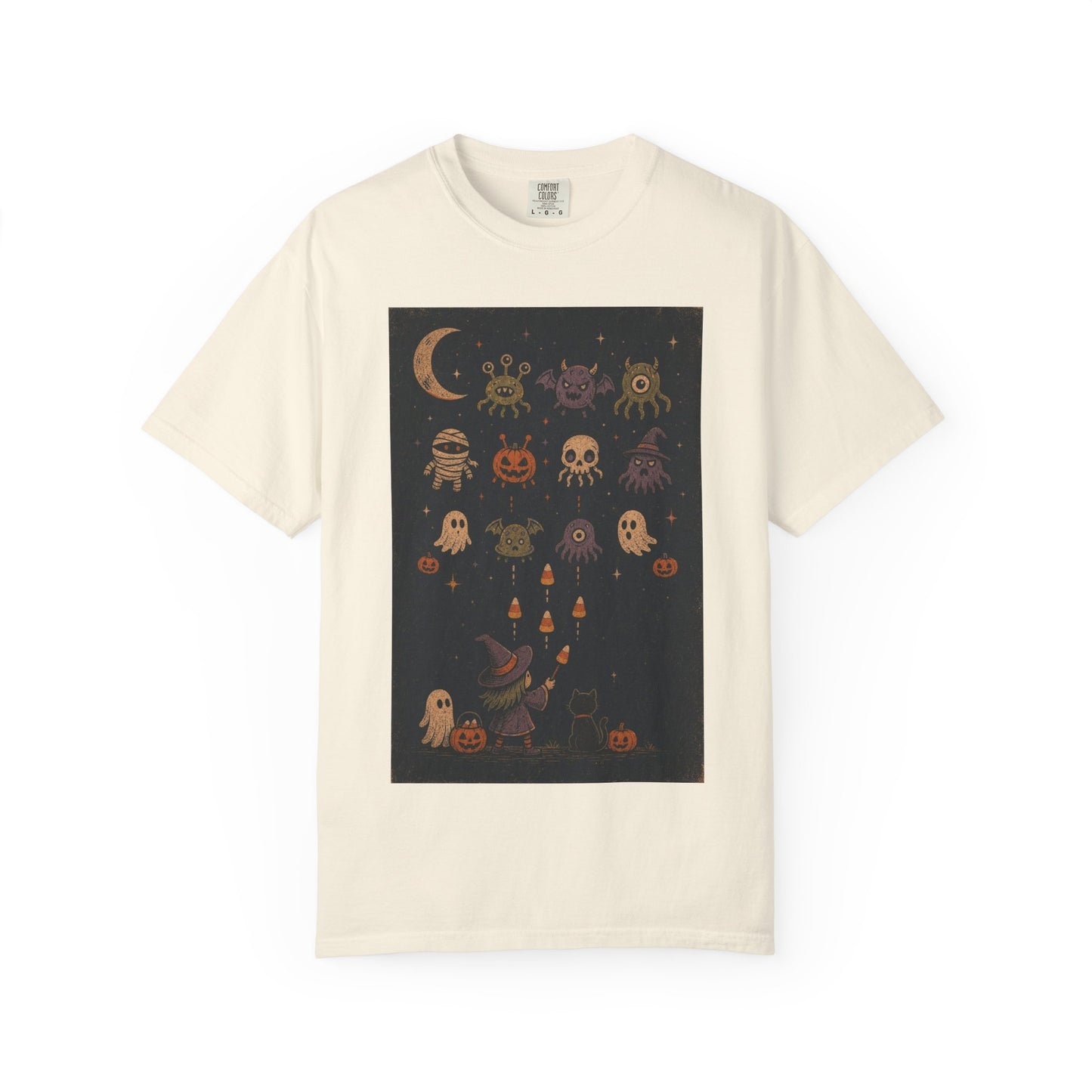 Cute Halloween Witch and Ghosts T-Shirt | Pumpkin Moon Spooky Illustration