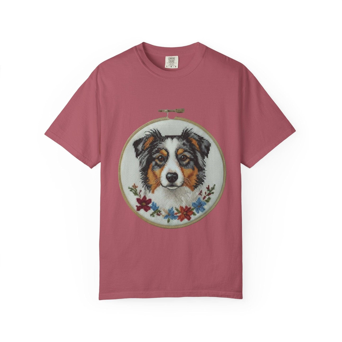 Australian Shepherd Portrait T-shirt | Embroidery Hoop Floral Design
