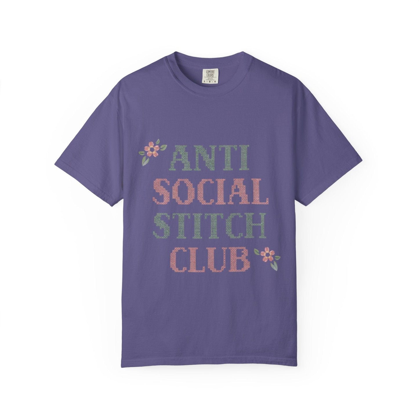 Anti Social Stitch Club T-shirt | Cross Stitch Floral Text Design