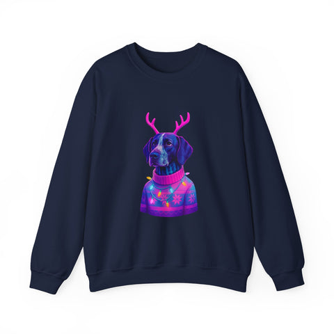 German Shorthaired Pointer with Reindeer Antlers Crewneck Sweatshirt | Neon Holiday Sweater Illustration