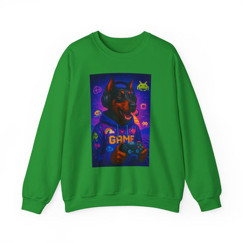 Gaming Doberman Graphic Crewneck Sweatshirt | Retro Arcade Dog Gamer