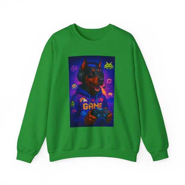 Gaming Doberman Graphic Crewneck Sweatshirt | Retro Arcade Dog Gamer