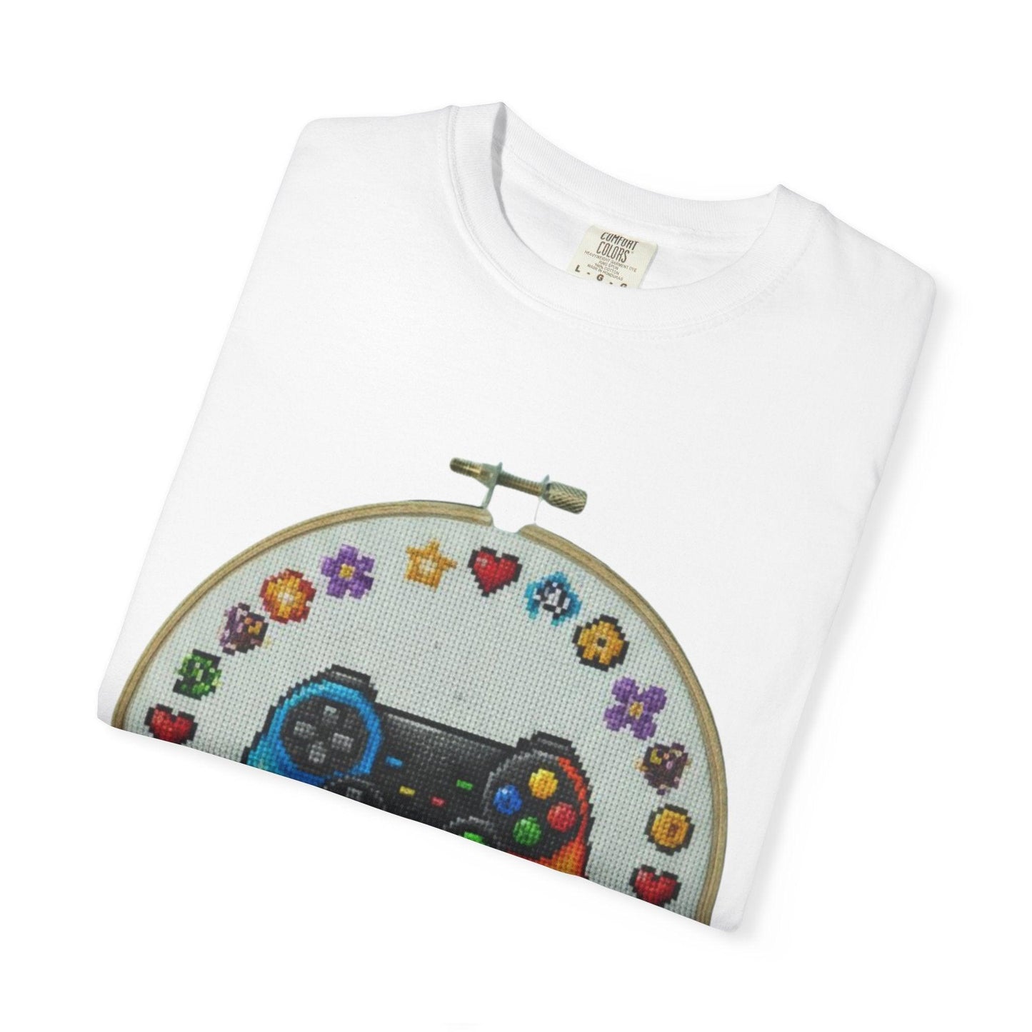 Rainbow Game Controller embroidery hoop T-Shirt | Gamer cross stitch design