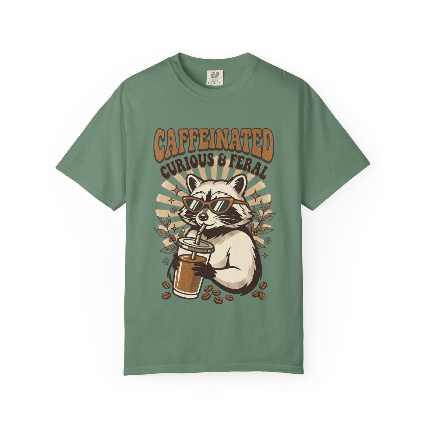 Caffeinated Curious & Feral Raccoon T-Shirt, Funny Coffee Lover Raccoon Tee, Goblincore Animal Shirt, Nature Lover Gift