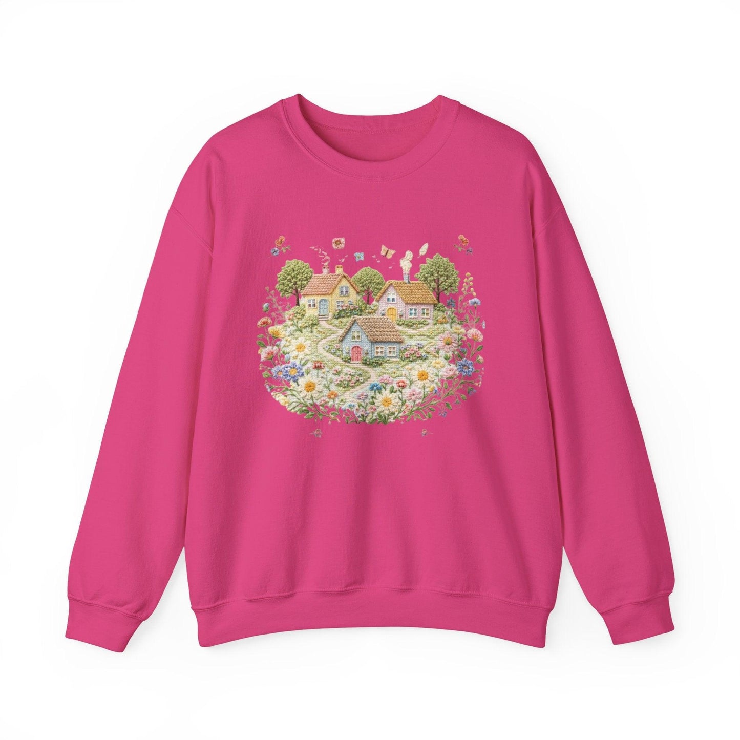 Cottage Garden Illustration Sweatshirt | Floral Village Scene, Cozy Spring