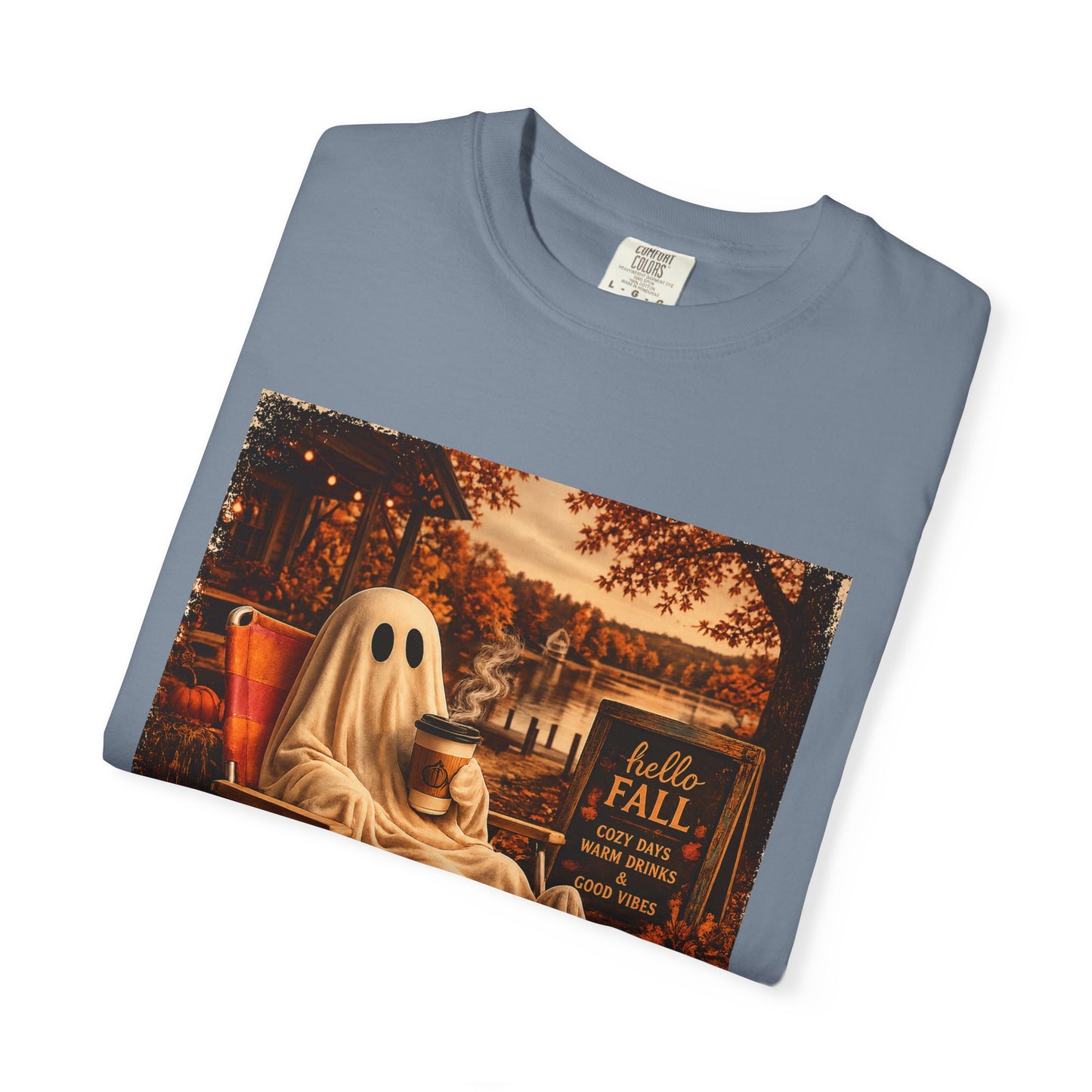 Cozy Ghost in Chair Fall T-shirt | Autumn Leaves, Retro Halloween Scene, Summerween