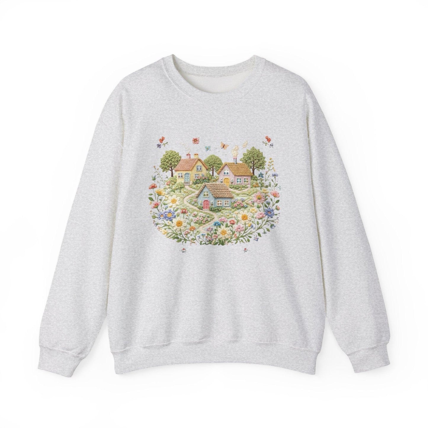Cottage Garden Illustration Sweatshirt | Floral Village Scene, Cozy Spring