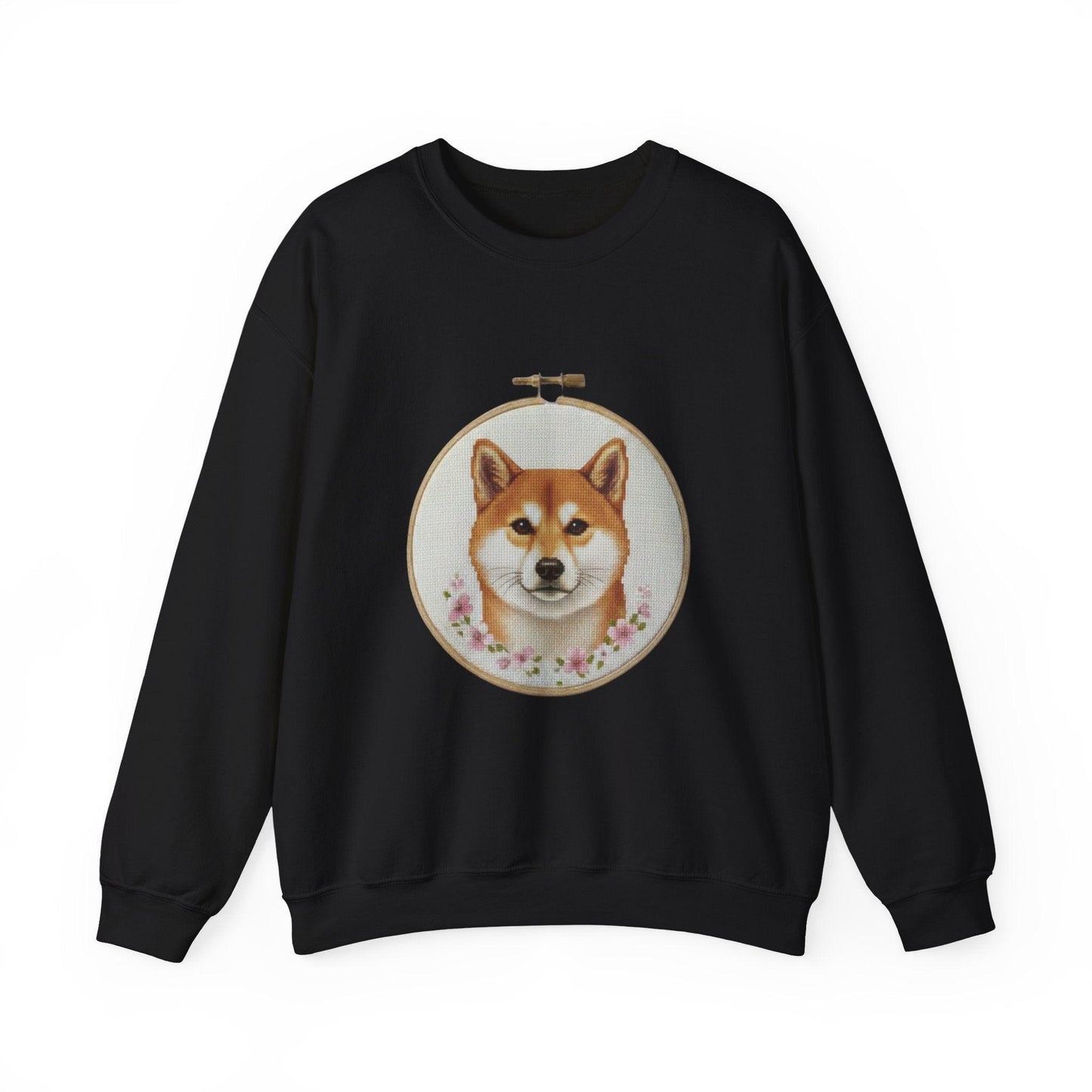 Shiba Inu Portrait Crewneck Sweatshirt | Embroidery Hoop Floral Frame