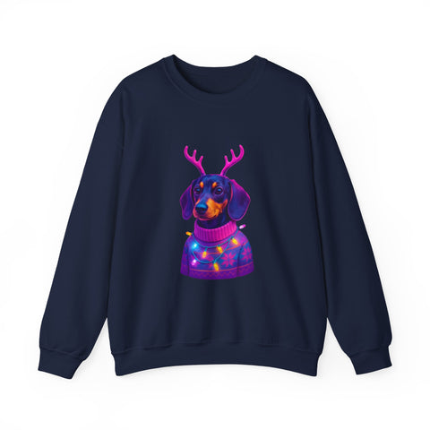 Dachshund Reindeer Sweater Crewneck Sweatshirt | Neon Holiday Dog Art