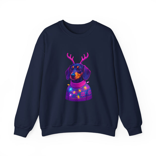 Dachshund Reindeer Sweater Crewneck Sweatshirt | Neon Holiday Dog Art