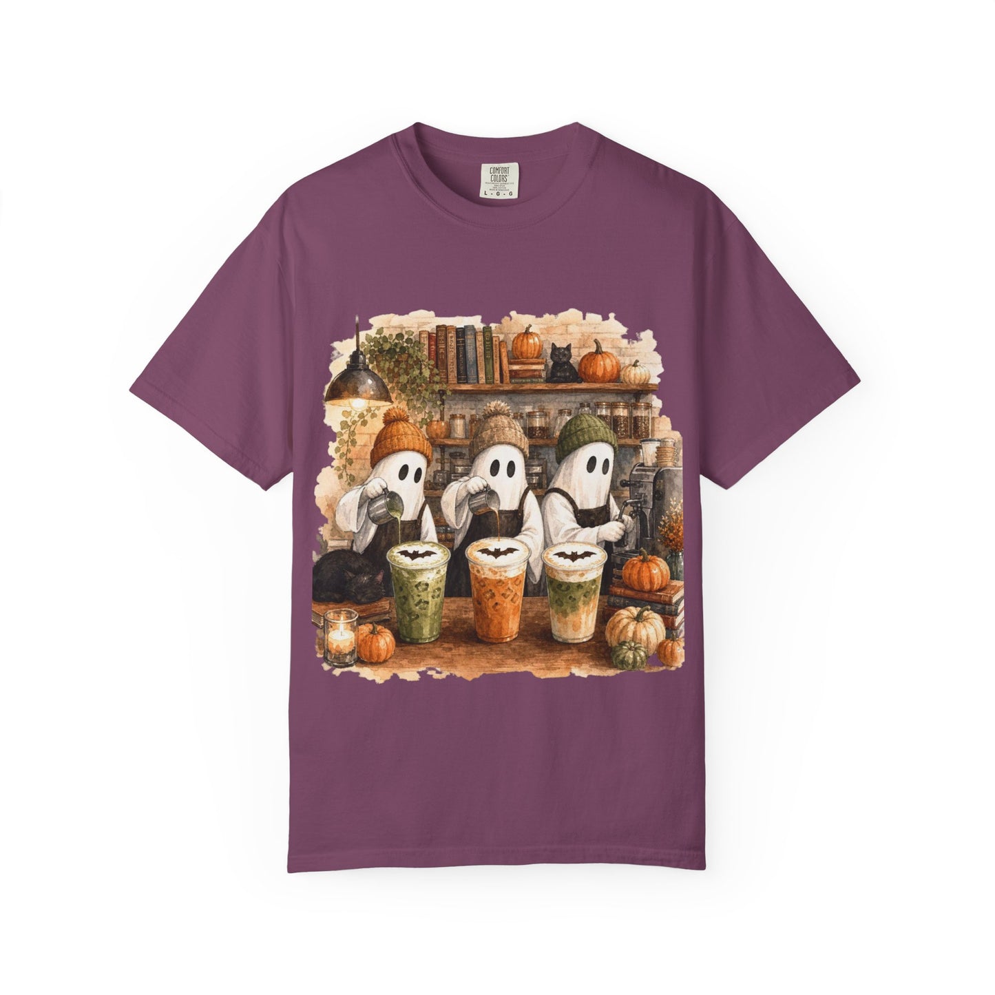 Ghost Trio with Pumpkin Lattes T-Shirt, Cute Halloween Coffee Shirt, Cozy Fall Ghost Tee, Pumpkin Spice Graphic, Autumn Coffee Lover Gift