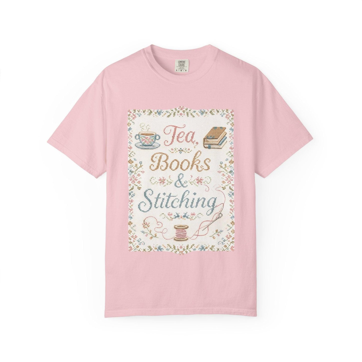 Tea Books & Stitching T-shirt | Reading, Sewing, Cozy Hobby Design