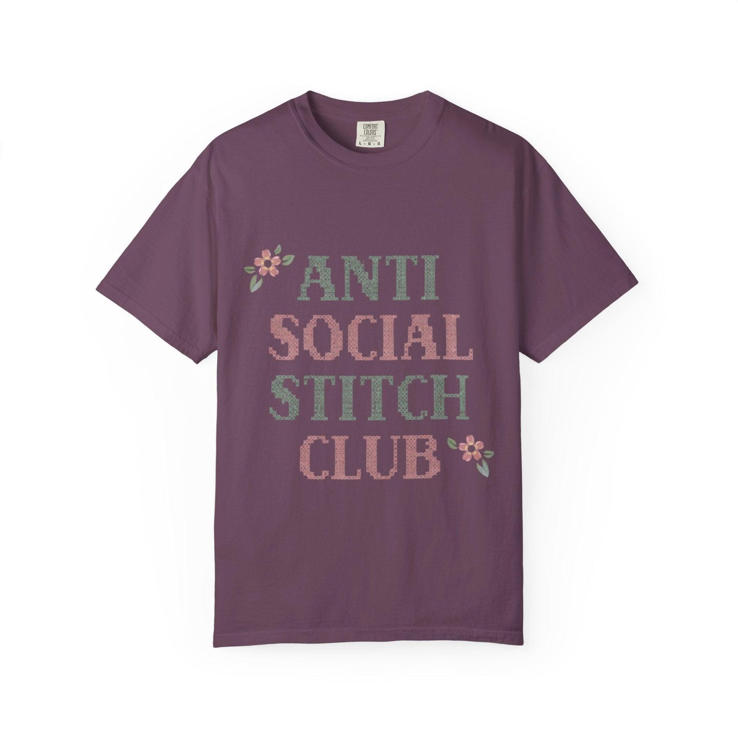 Anti Social Stitch Club T-shirt | Cross Stitch Floral Text Design