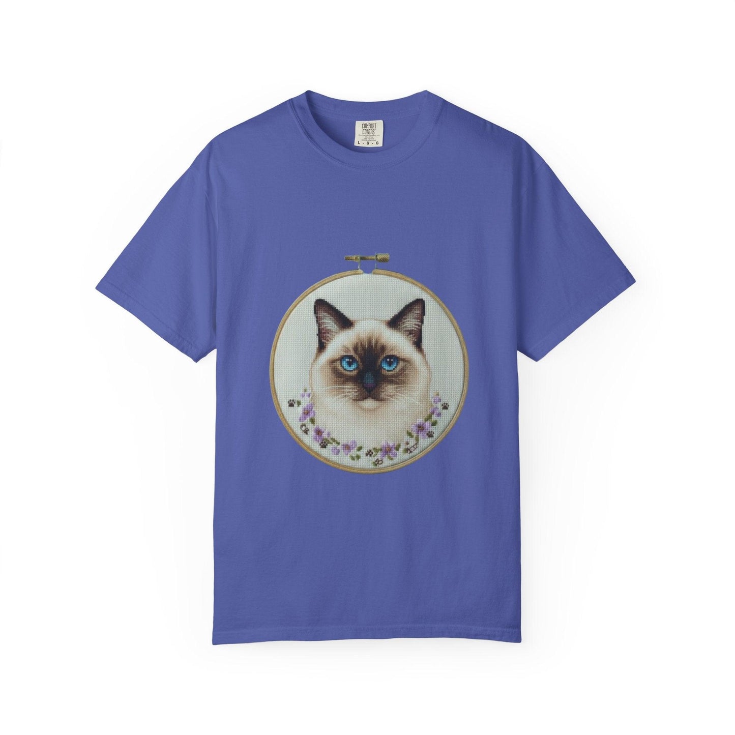 Blue-Eyed Siamese Cat Portrait T-Shirt | Embroidery Hoop Floral Design