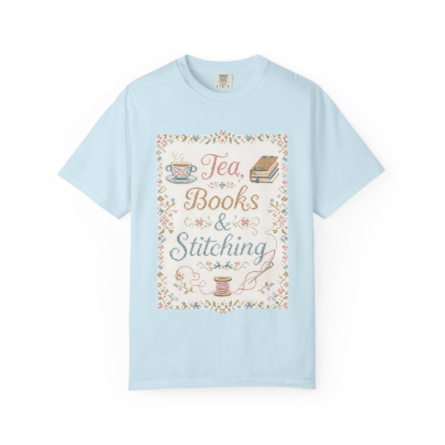 Tea Books & Stitching T-shirt | Reading, Sewing, Cozy Hobby Design