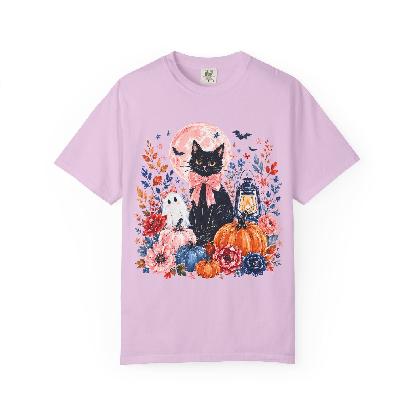 Black Cat with Pumpkins T-shirt | Halloween Moon Lantern Floral Design