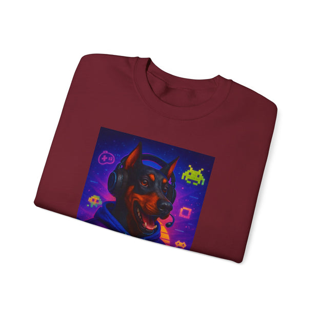 Gaming Doberman Graphic Crewneck Sweatshirt | Retro Arcade Dog Gamer