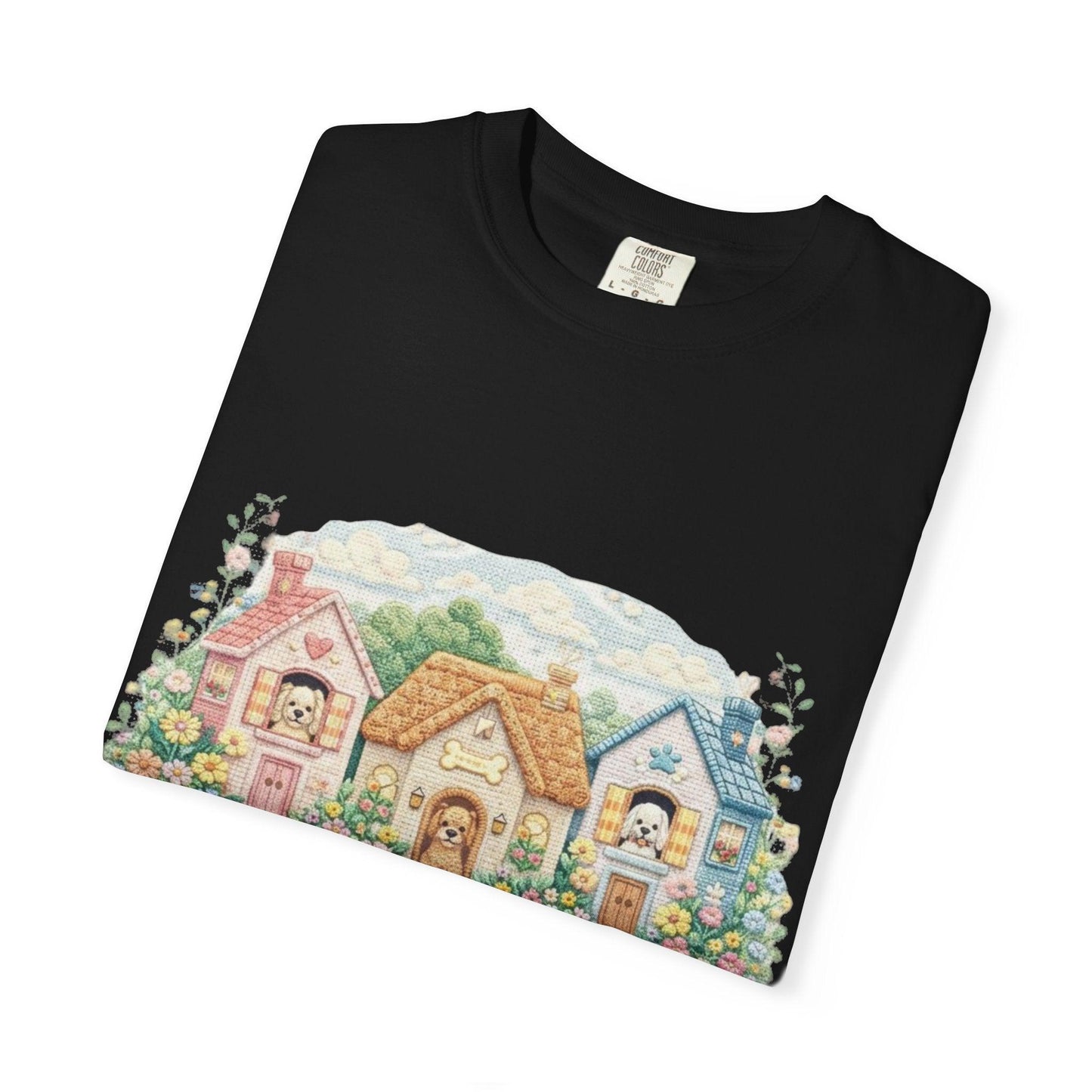 Cute Cottage Row illustration T-shirt | pastel village floral path