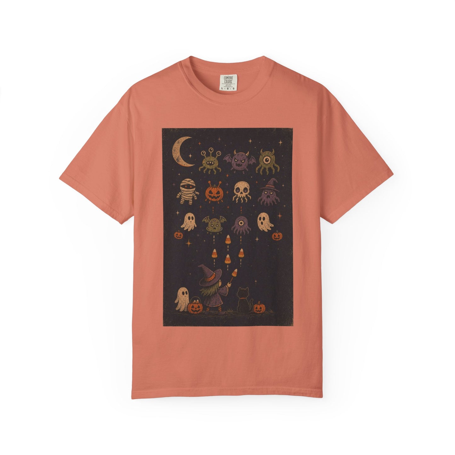 Cute Halloween Witch and Ghosts T-Shirt | Pumpkin Moon Spooky Illustration