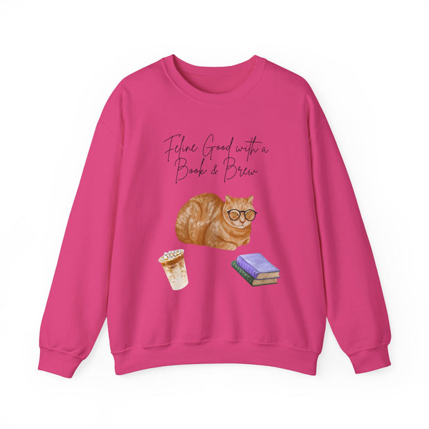 'Feline Good With A Book & Brew' Unisex Crewneck Sweatshirt