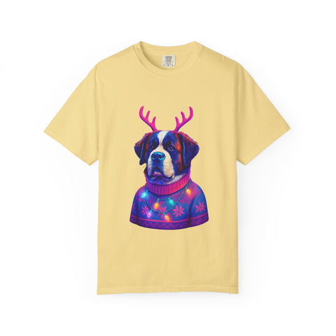 Saint Bernard in Reindeer Antlers T-Shirt | Holiday Dog Sweater Design