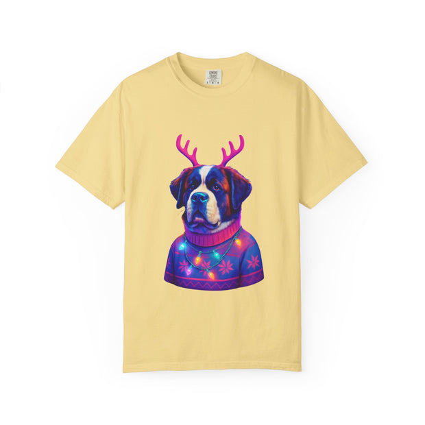 Saint Bernard in Reindeer Antlers T-Shirt | Holiday Dog Sweater Design