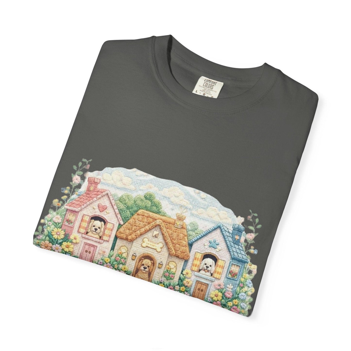Cute Cottage Row illustration T-shirt | pastel village floral path