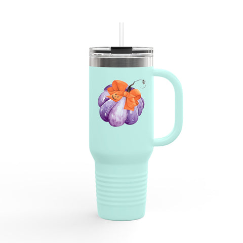 Purple Pumpkin Wrapped In A Bow Insulated Travel Mug, 40oz