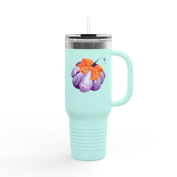 Purple Pumpkin Wrapped In A Bow Insulated Travel Mug, 40oz